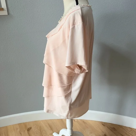 Karl Lagerfeld Paris Tiered Short Sleeve Soft Pink Layered Blouse - Picture 4 of 13